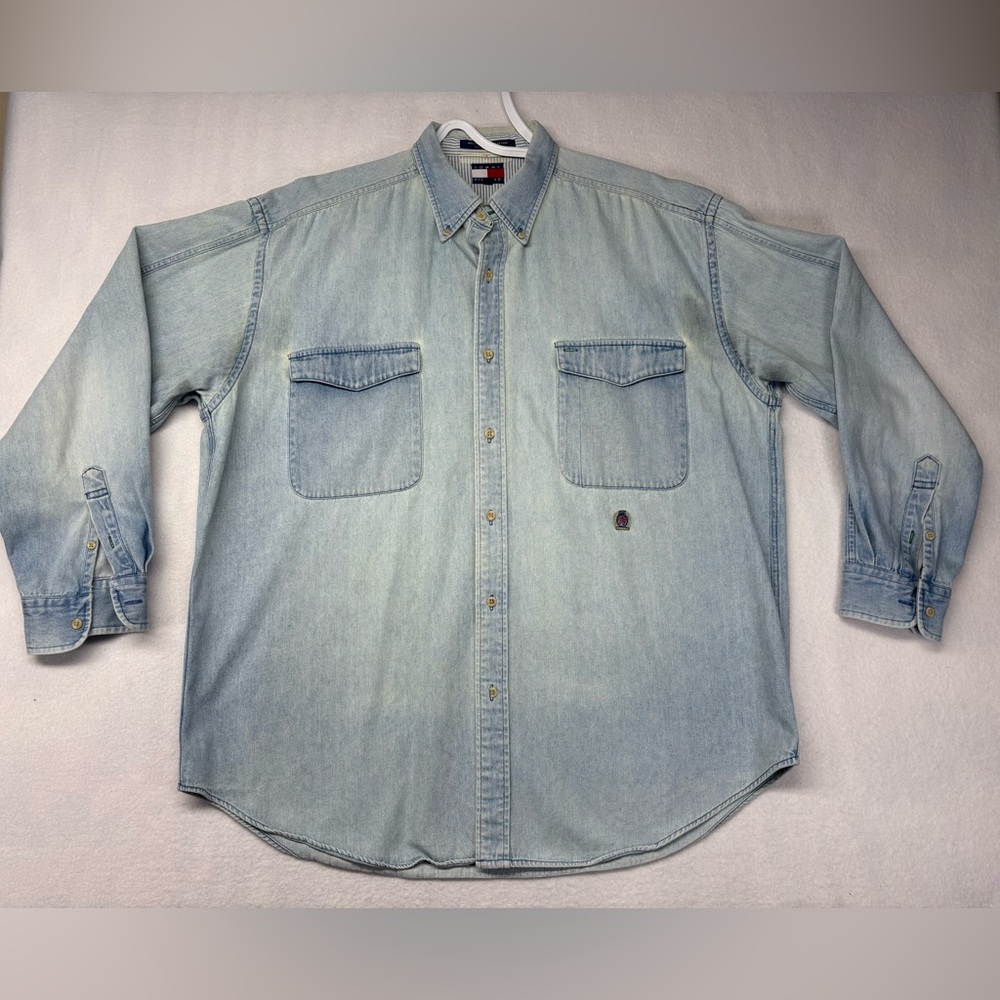 Vintage 90s Tommy Hilfiger Long Sleeve Shirt Mens Large Denim Crest 100% Cotton